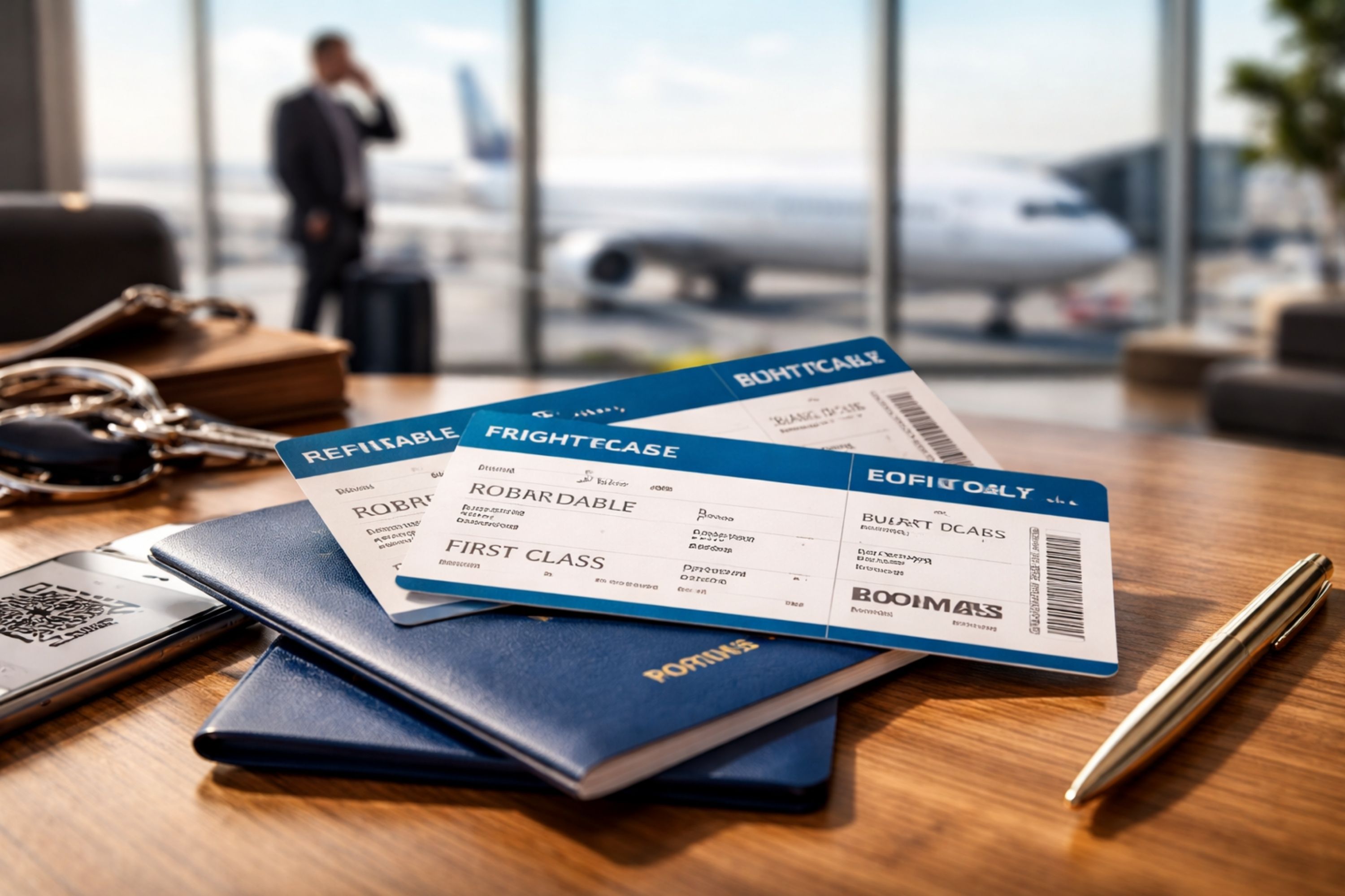 two refundable flight tickets on a table with passports, smartphone, and pen, showing a first-class and an economy-class flight. The background features an airport lounge and airplanes, illustrating travel flexibility, ticket refund options, and refundable fares across all travel classes.