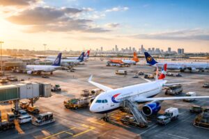 Airplanes from multiple airlines parked at a busy international airport during sunset, showing high airline density and route competition on the tarmac.
