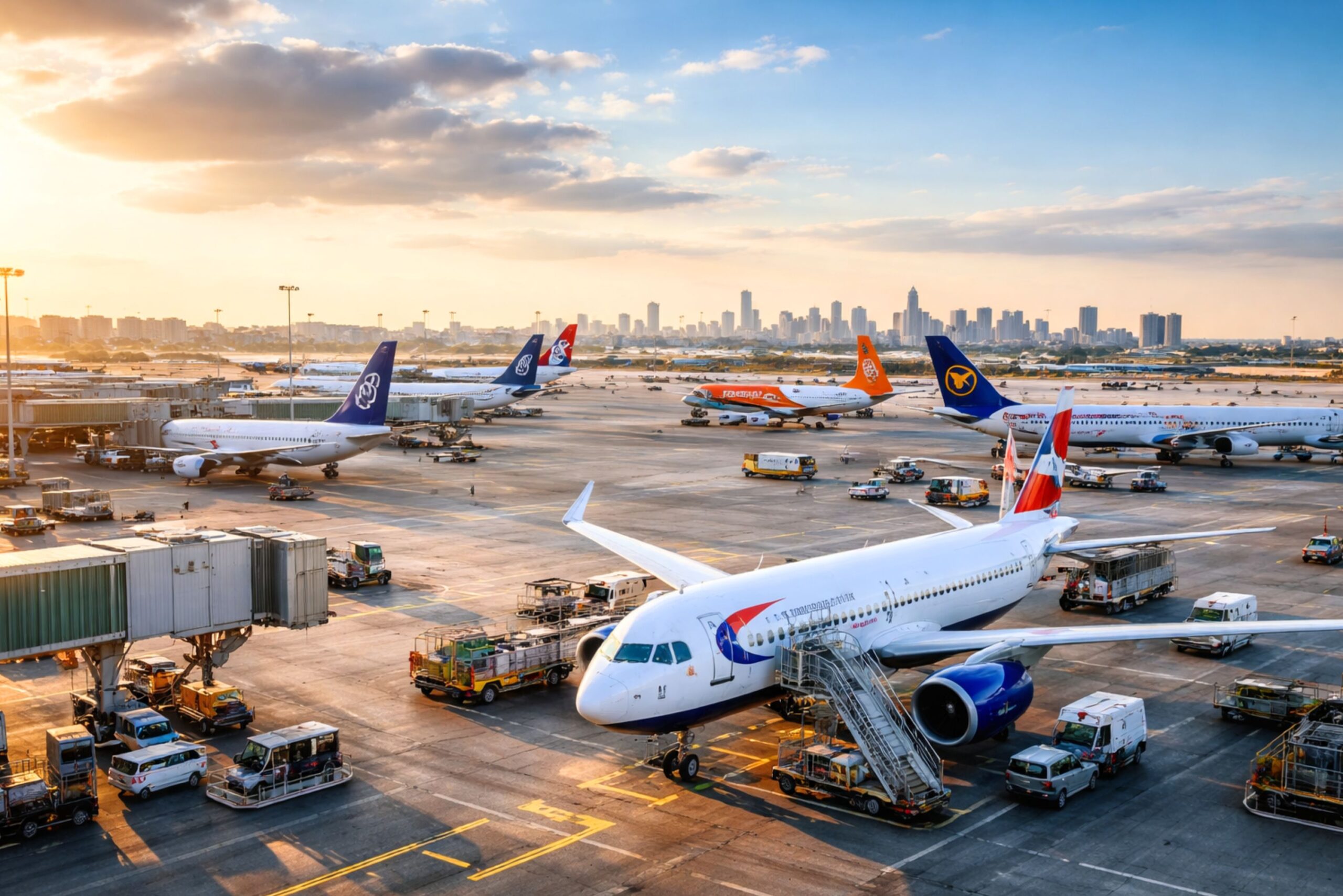 Airplanes from multiple airlines parked at a busy international airport during sunset, showing high airline density and route competition on the tarmac.