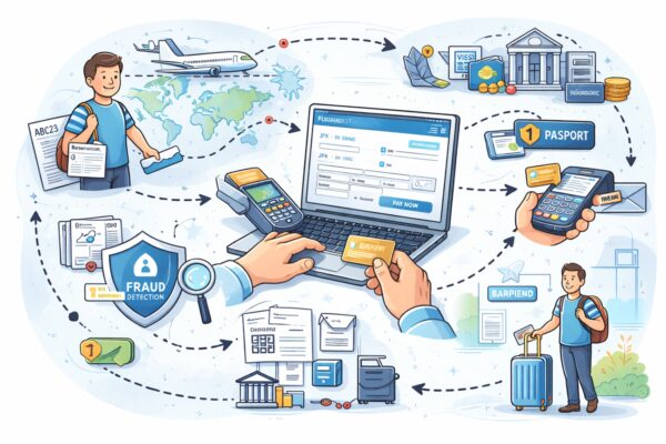 Airline payment processing illustration showing online flight booking on laptop, credit card authorization, fraud detection shield, bank settlement, and electronic ticket issuance connected in a visual transaction flow.