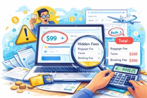 Fake cheap flight price illustration showing hidden fees, baggage charges, booking fees, and taxes added at checkout, highlighting how misleading airfare deals increase total ticket cost before payment.