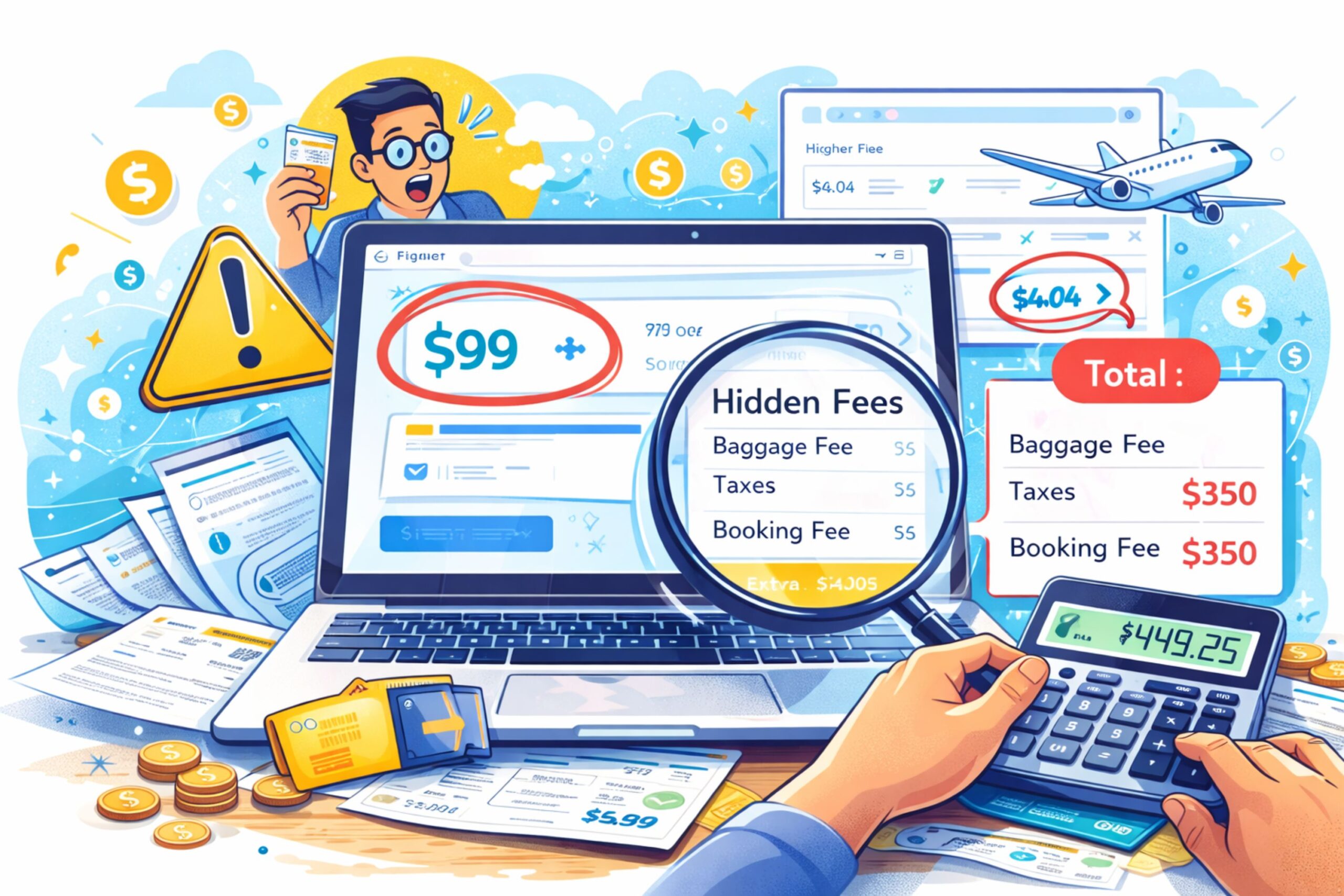 Fake cheap flight price illustration showing hidden fees, baggage charges, booking fees, and taxes added at checkout, highlighting how misleading airfare deals increase total ticket cost before payment.