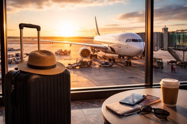 Flight prices drop before departure concept showing airplane at airport gate with suitcase, passport, smartphone, and travel items inside terminal during sunset, representing airfare booking timing and travel planning