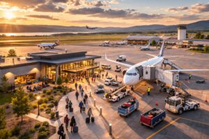 Regional airport at sunset with a parked narrow-body aircraft at the gate, ground crew loading baggage carts, passengers walking near a small terminal, active runway traffic, and low air traffic congestion visible across the apron.