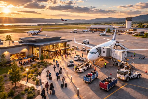 Regional airport at sunset with a parked narrow-body aircraft at the gate, ground crew loading baggage carts, passengers walking near a small terminal, active runway traffic, and low air traffic congestion visible across the apron.