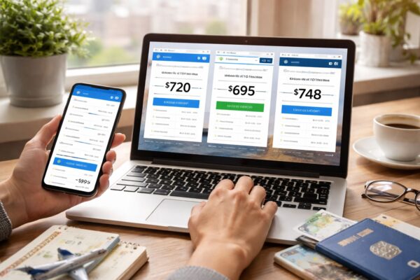 Flight price comparison on laptop and smartphone showing different prices for the same flight across booking websites, highlighting airfare differences, fare classes, booking fees, and online travel agencies.