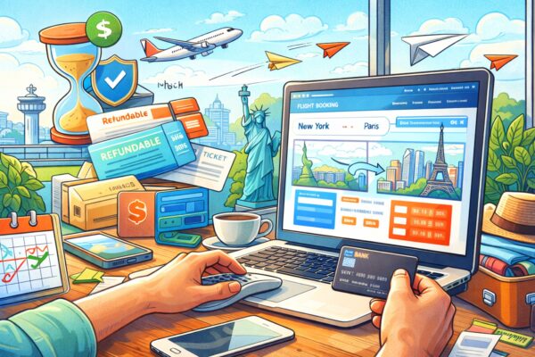 Fare lock flight booking illustration showing refundable ticket, price freeze option, seat availability alert, airline pricing strategy, and online airfare protection process